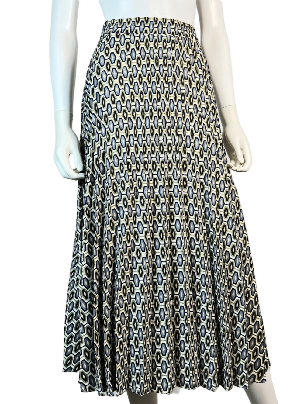 Max Studio Geometric Print Multi-Color Micro Pleated Elastic Waist Midi Skirt